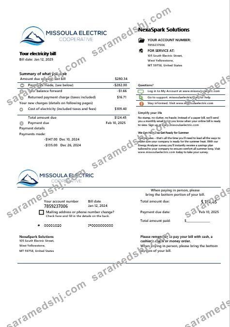 USA Montana Missoula Electric Cooperative electricity business utility bill template in Word and PDF formats